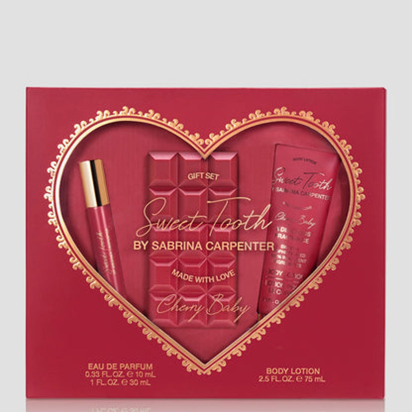 Sabrina Carpenter Sweet Tooth Cherry Baby Eau De Parfum Set 0.33 fl. oz./10ml & 1 fl. oz./30ml & Body lotion 2.5 fl. oz./75ml