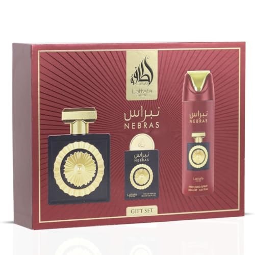 Lattafa Pride Nebras Perfume Gift Set 100ml/3.4 fl. oz.+ 20ml/0.65 fl. oz.+ 200ml/6.67 fl. oz. Pack of 1
