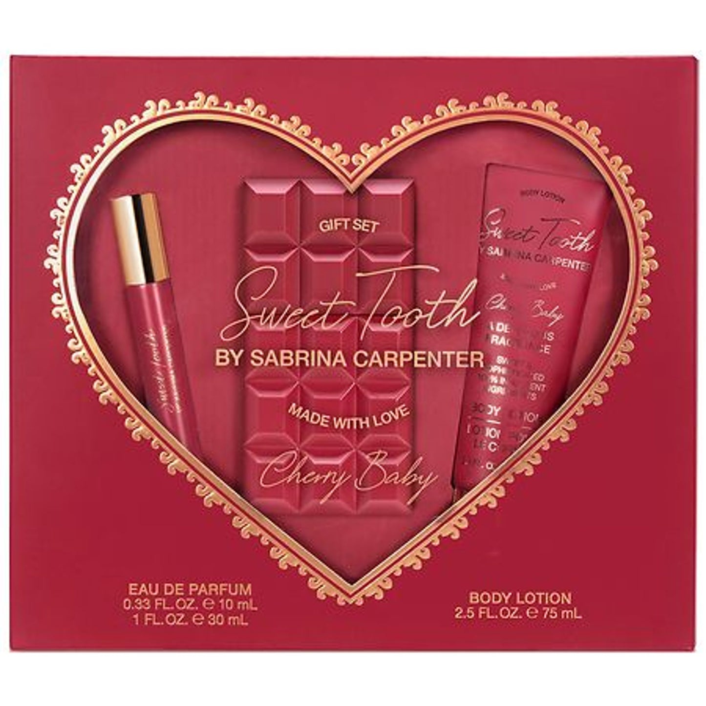 Sabrina Carpenter Sweet Tooth Cherry Baby Eau De Parfum Set 0.33 fl. oz./10ml & 1 fl. oz./30ml & Body lotion 2.5 fl. oz./75ml