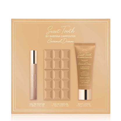 Sabrina Carpenter Sweet Tooth Caramel Dream Set.
perfume 0.33 fl. oz./10ml & 1 fl. oz./30ml, Body Lotion 2.5 fl. oz./75ml