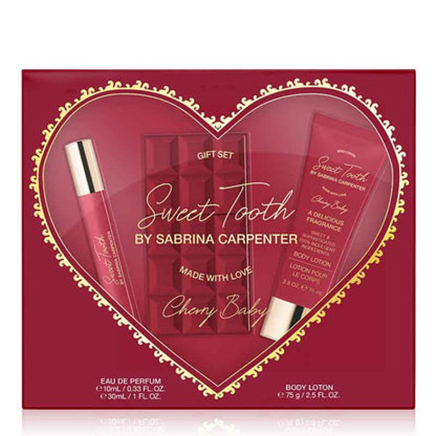 Sabrina Carpenter Sweet Tooth Cherry Baby Eau De Parfum Set 0.33 fl. oz./10ml & 1 fl. oz./30ml & Body lotion 2.5 fl. oz./75ml