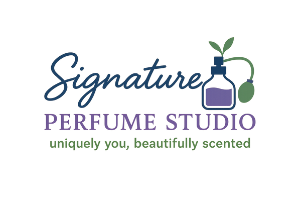 Signature Perfume Studio Logo with Handwriting and Lowercase Slogan